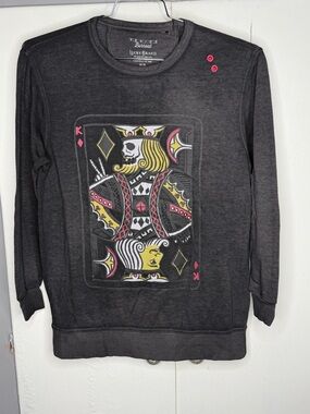 lucky brand men burnout sweatshirt medium king poker card skeleton black